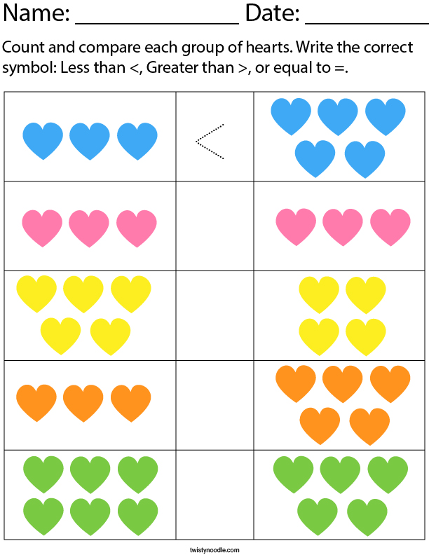 Count And Compare Each Group Of Hearts Math Worksheet Twisty Noodle